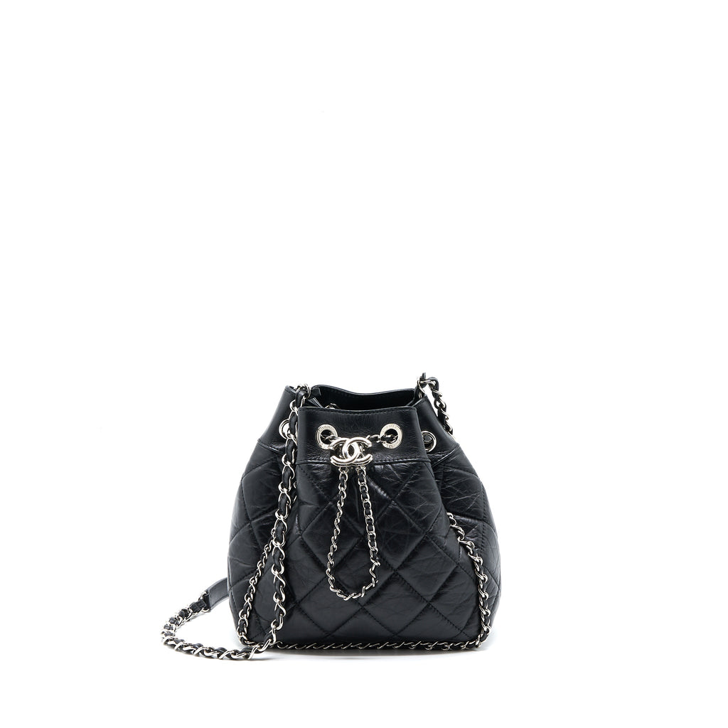 CHANEL 20S DRAWSTRING BUCKET BAG AGED CALFSKIN BLACK SHW