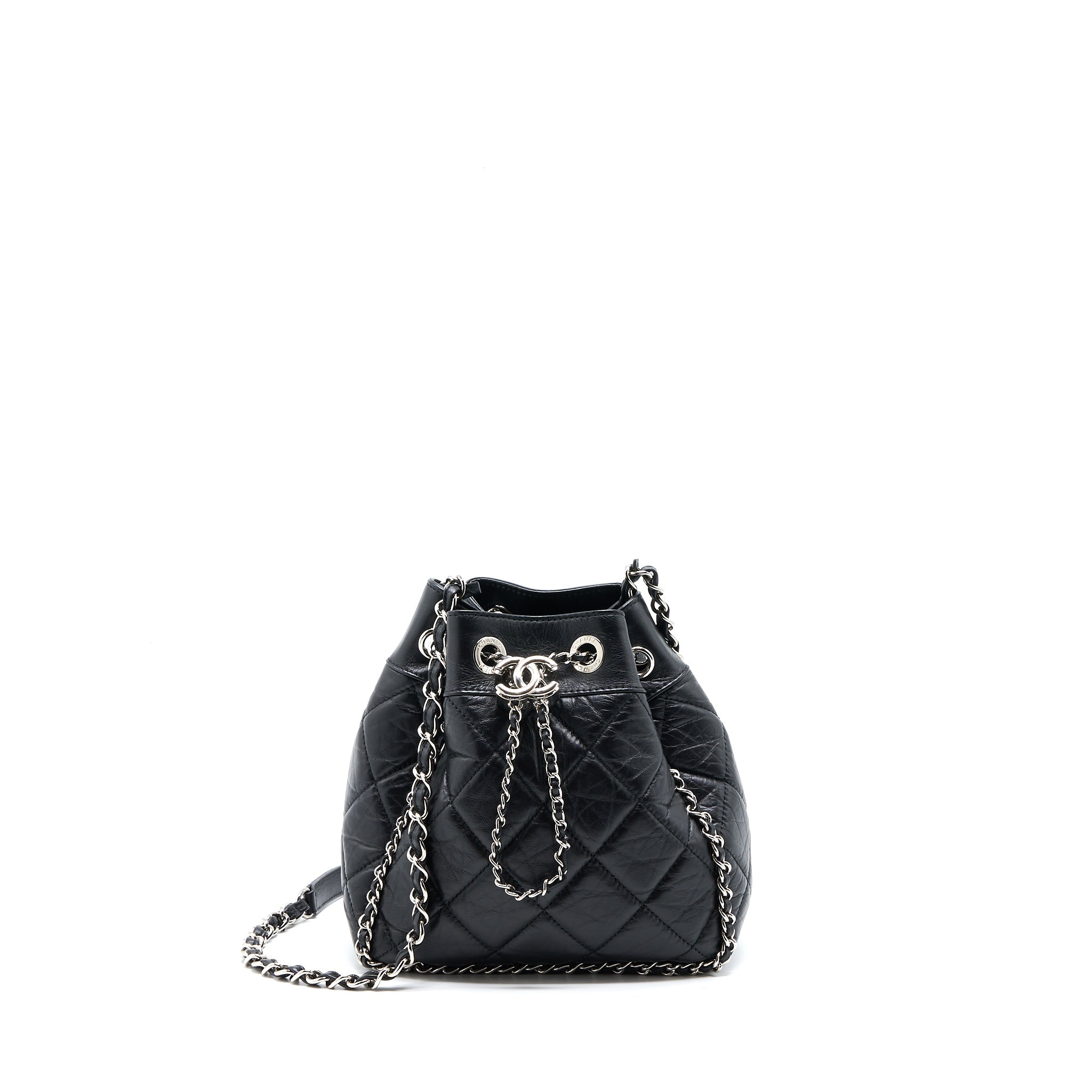CHANEL 20S DRAWSTRING BUCKET BAG AGED CALFSKIN BLACK SHW