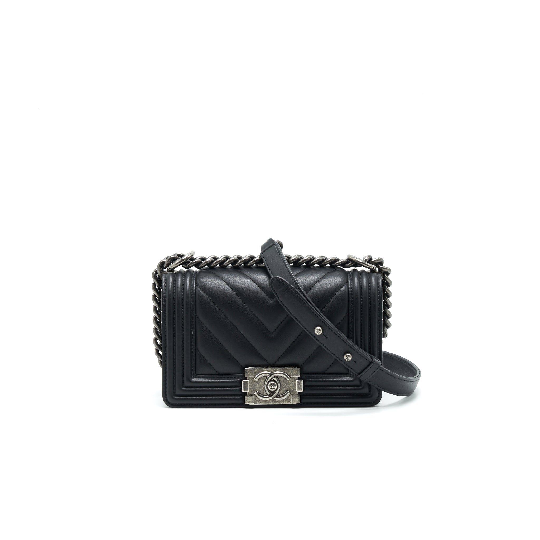 CHANEL SMALL CHEVRON LEBOY BAG CALFSKIN BLACK WITH SHW