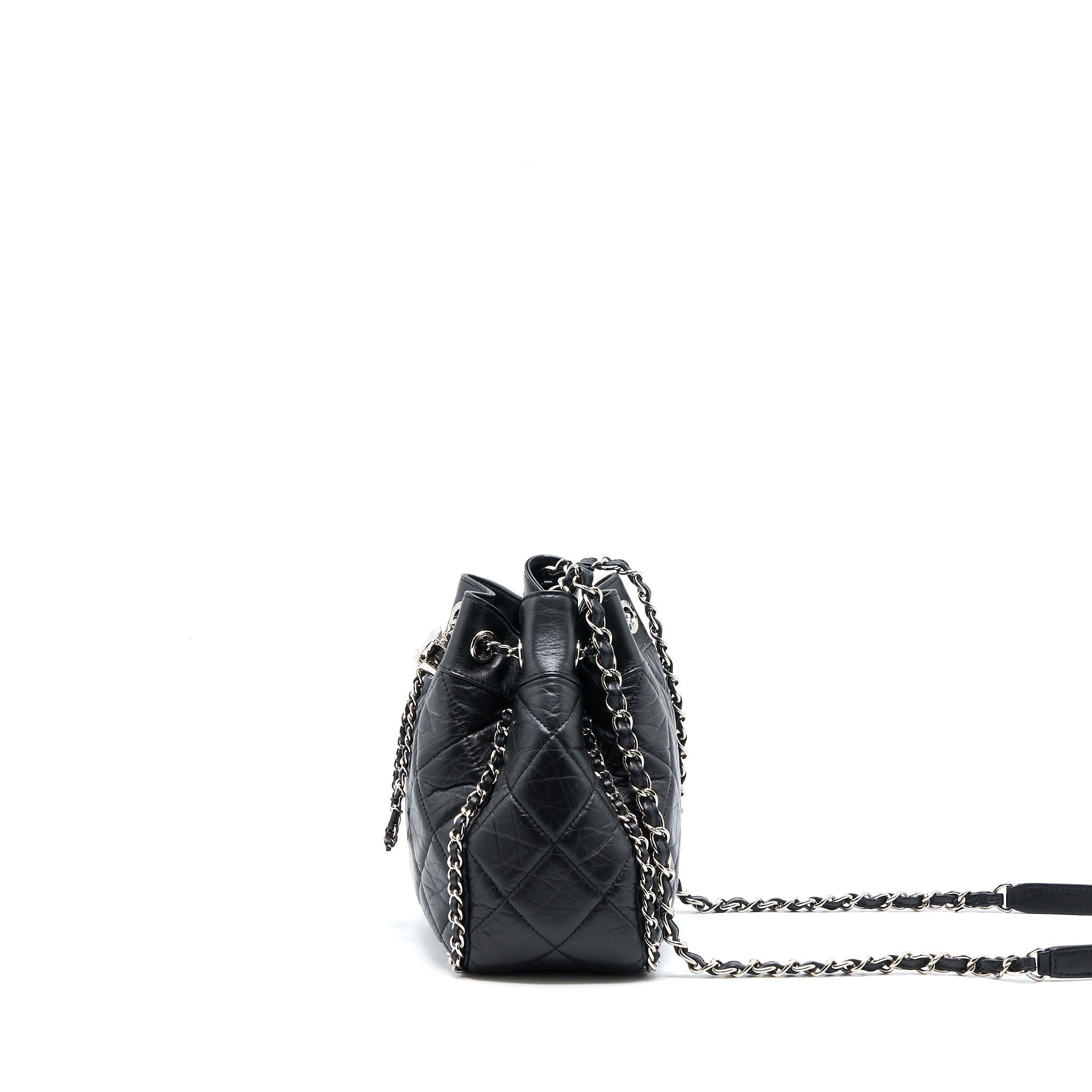 CHANEL 20S DRAWSTRING BUCKET BAG AGED CALFSKIN BLACK SHW