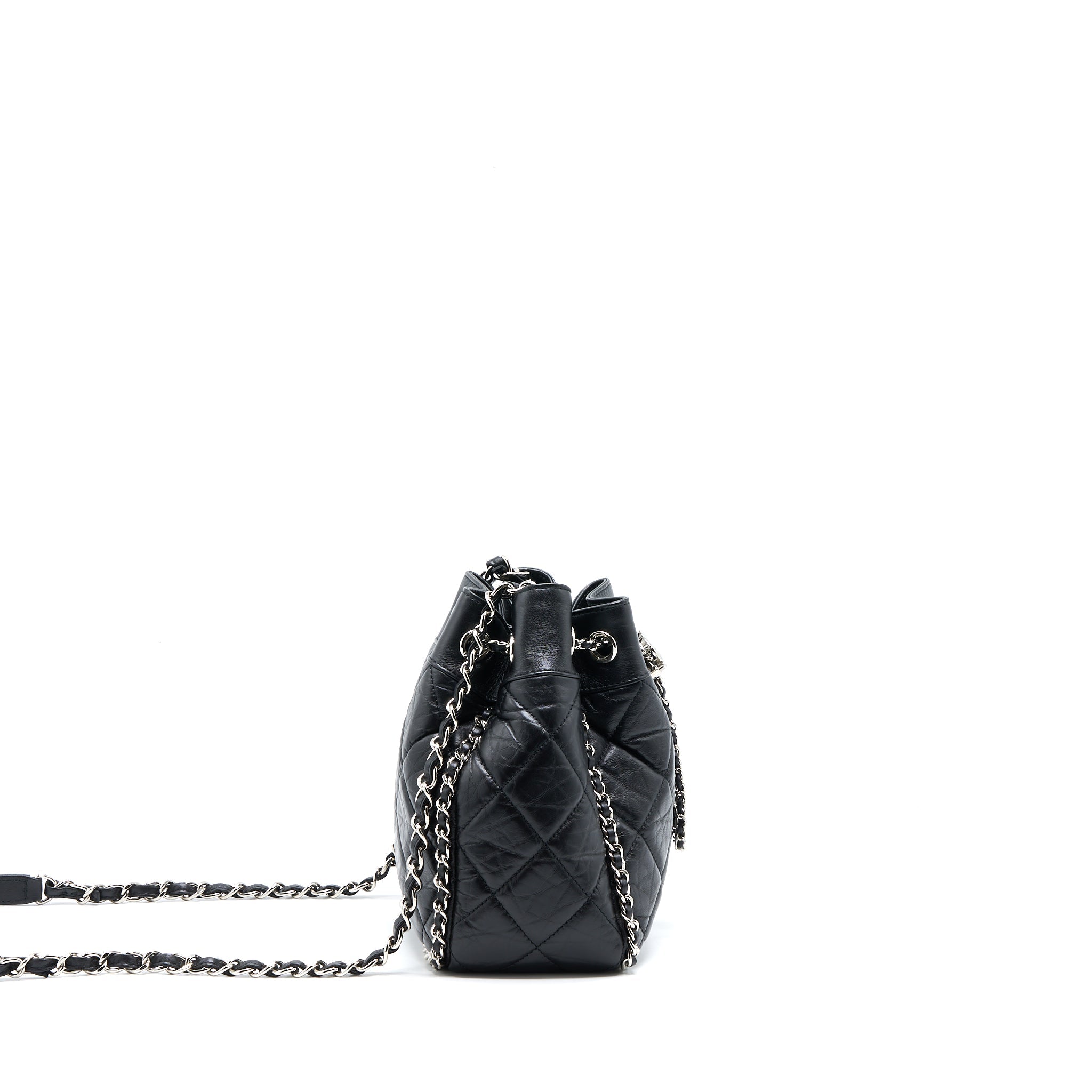 CHANEL 20S DRAWSTRING BUCKET BAG AGED CALFSKIN BLACK SHW