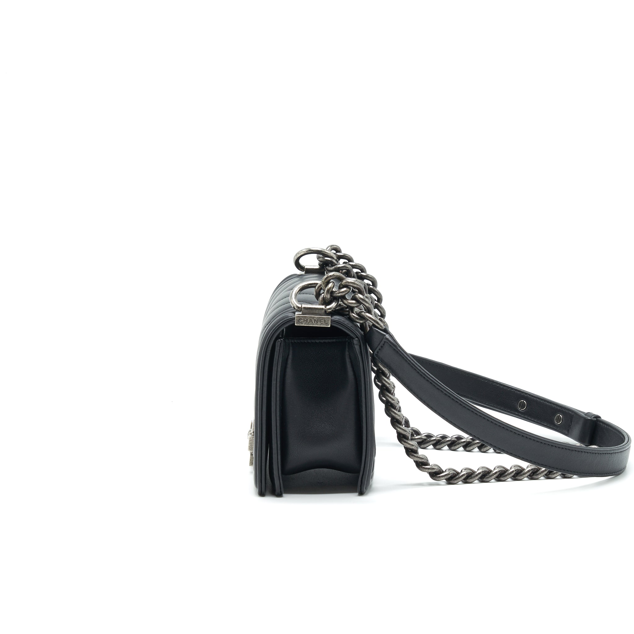 CHANEL SMALL CHEVRON LEBOY BAG CALFSKIN BLACK WITH SHW