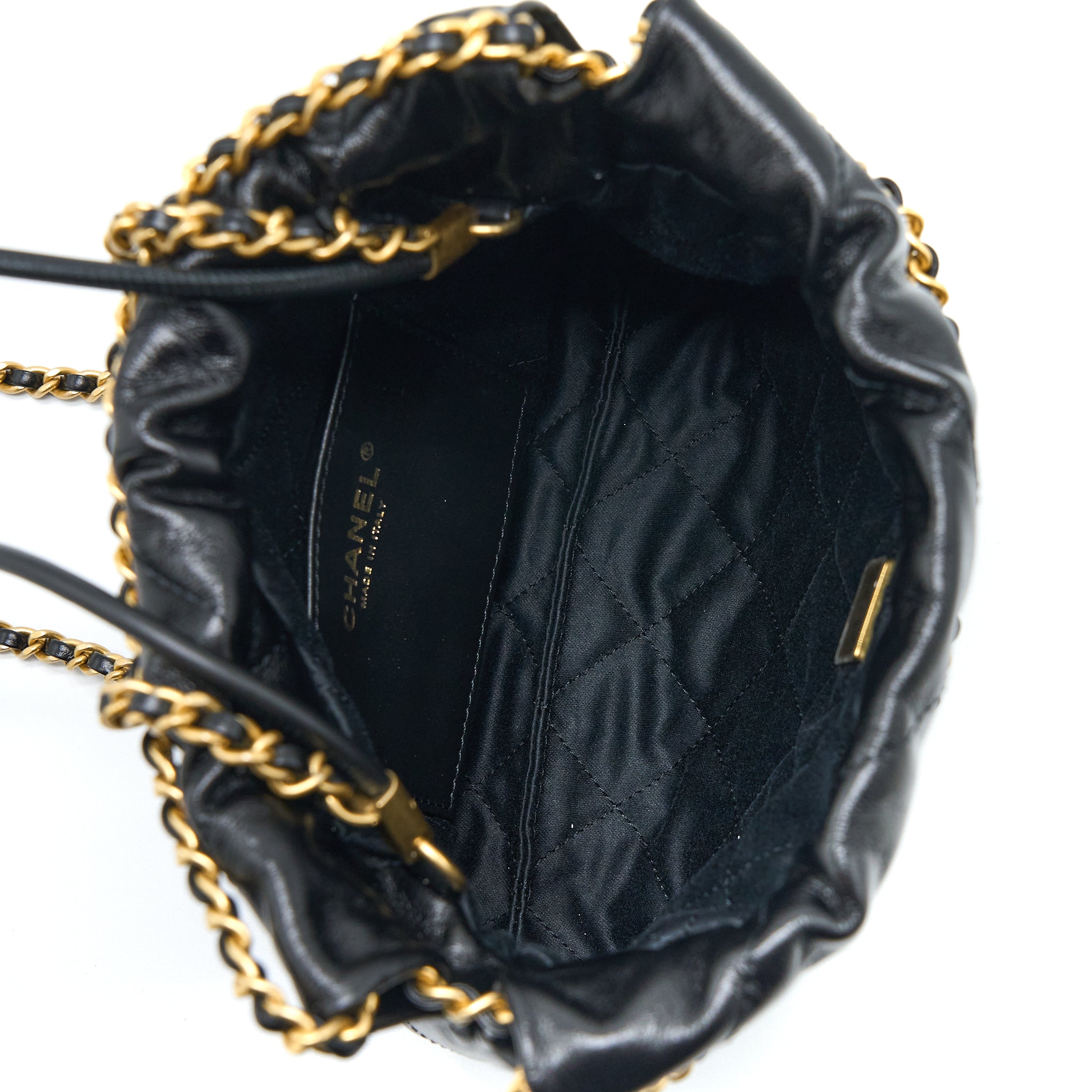 CHANEL 23S MINI 22 BAG WITH PEARL SHINY CALFSKIN BLACK GHW (MICROCHIP)