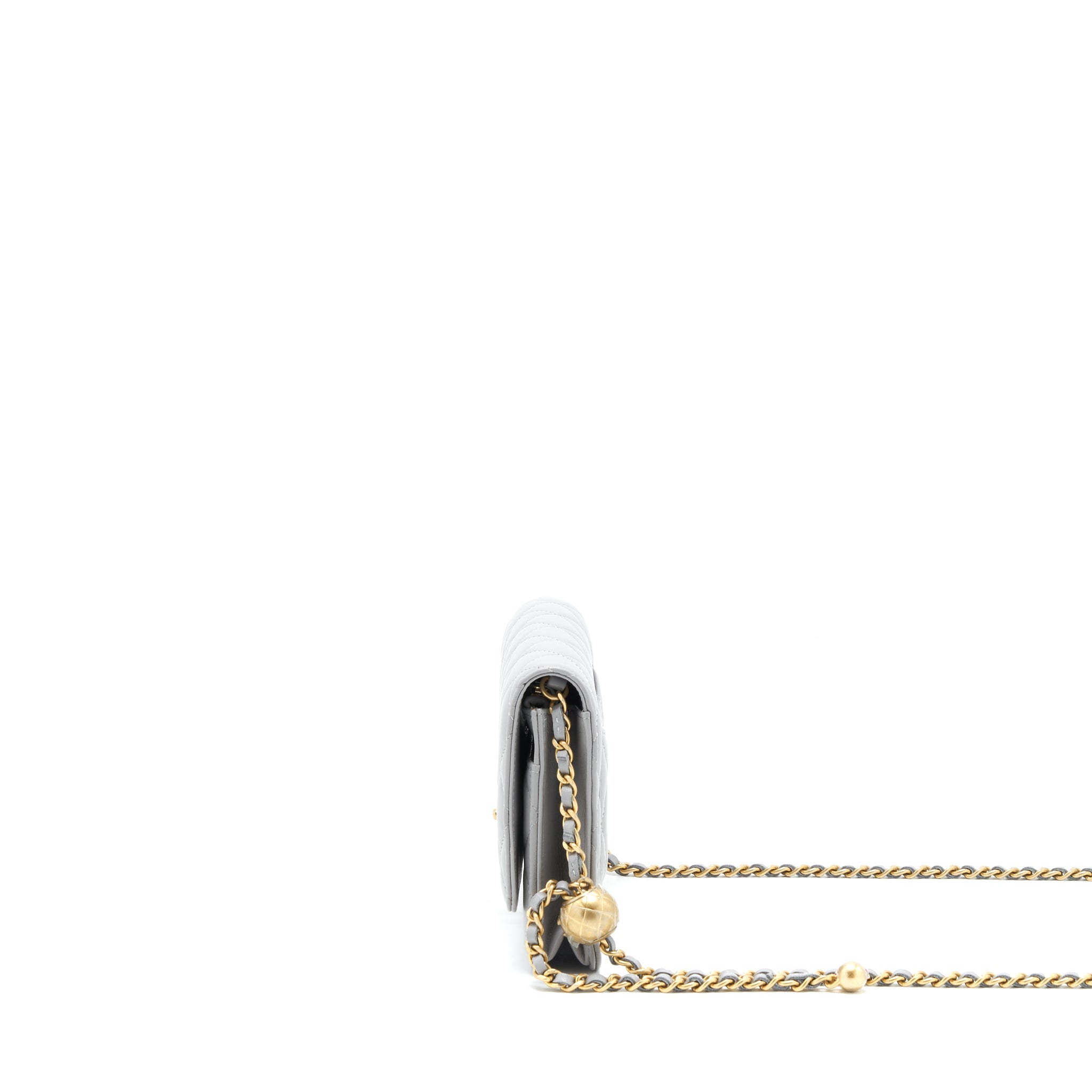 CHANEL PEARL CRUSH WALLET ON CHAIN LAMBSKIN GREY BRUSHED GHW (MICROCHIP)