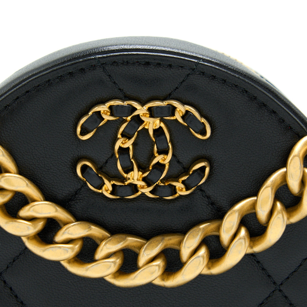 CHANEL 19 ROUND CLUTCH WITH CHAIN LAMBSKIN GOLD/SILVER HARDWARE