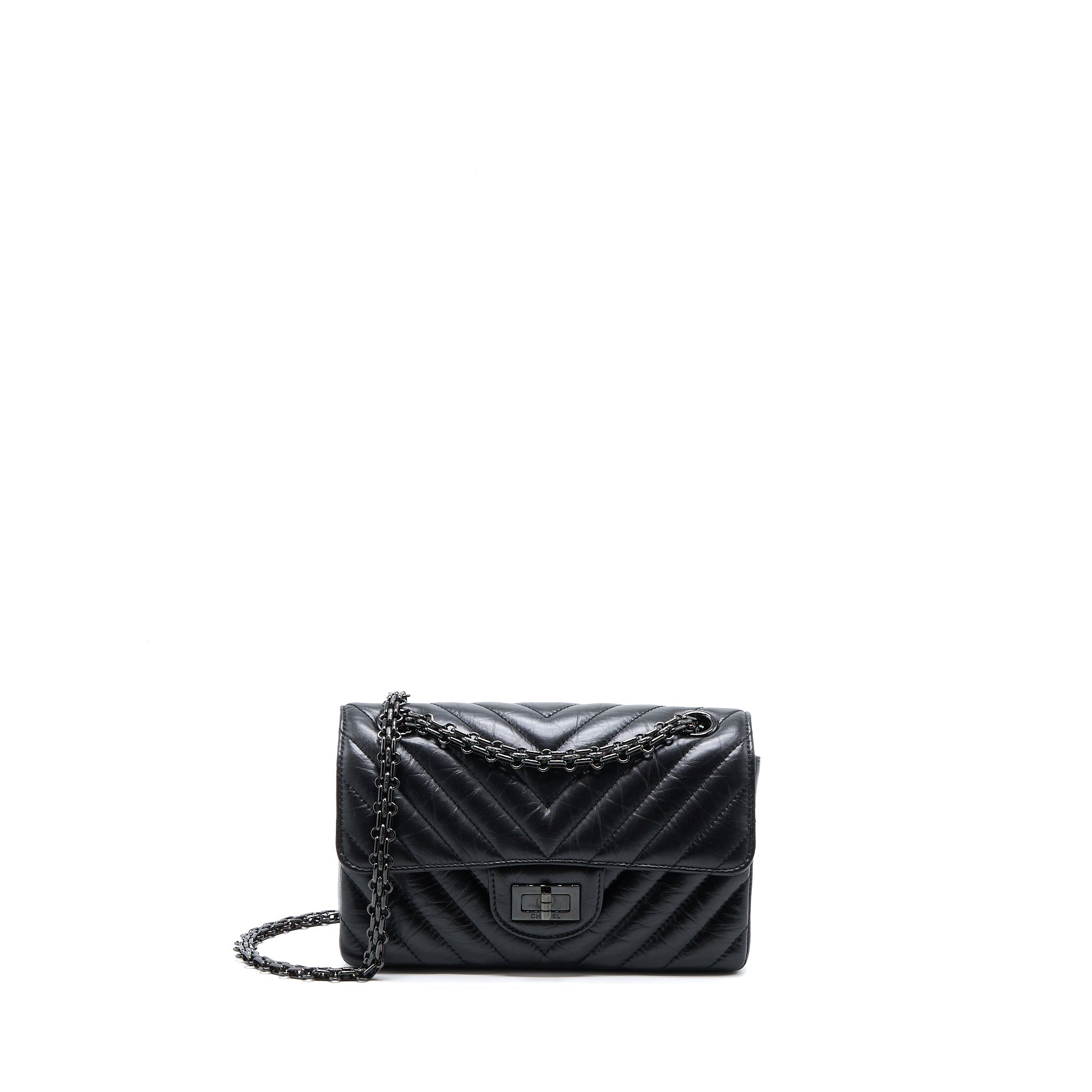 CHANEL MINI REISSUE 2.55 FLAP BAG CHEVRON AGED CALFSKIN SO BLACK