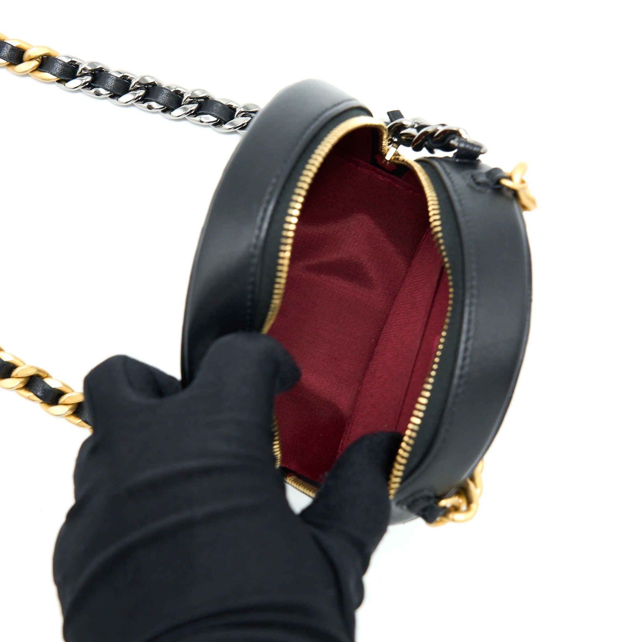 CHANEL 19 ROUND CLUTCH WITH CHAIN LAMBSKIN GOLD/SILVER HARDWARE