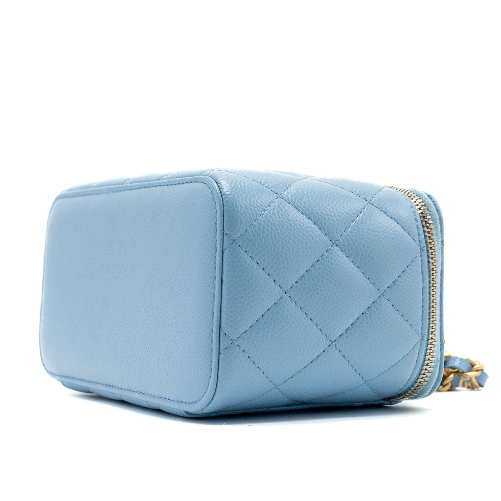 CHANEL DETAILED TOP HANDLE LONG VANITY WITH CHAIN CAVIAR LIGHT BLUE GHW