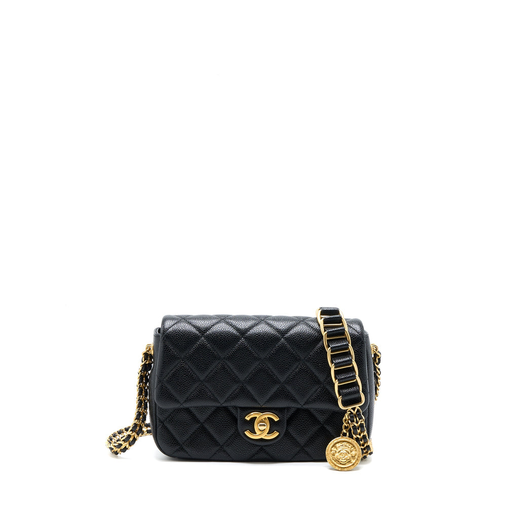 CHANEL QUILTED FLAP BAG WITH DOUBLE CHAIN CAVIAR BLACK BRUSHED GHW (MICROCHIP)