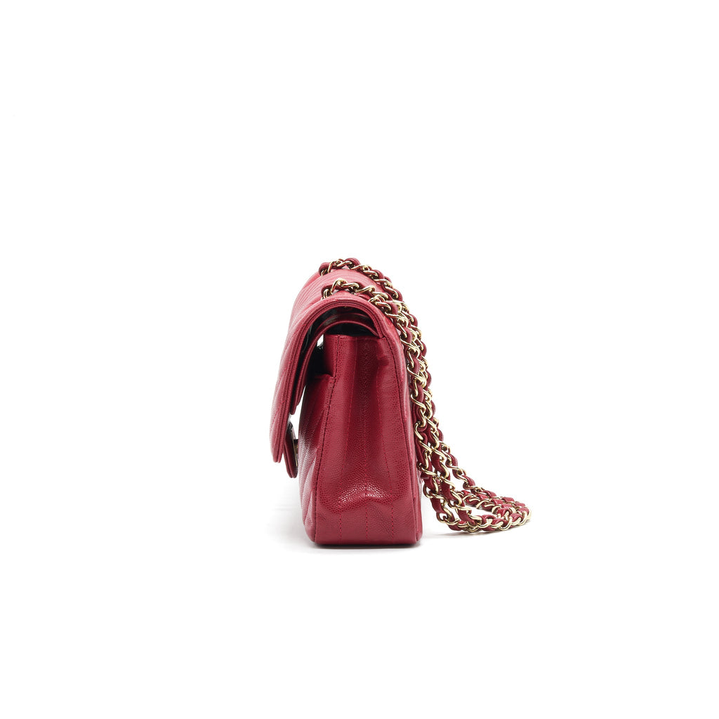 CHANEL MEDIUM CLASSIC DOUBLE FLAP CAVIAR RASPBERRY RED WITH LGHW