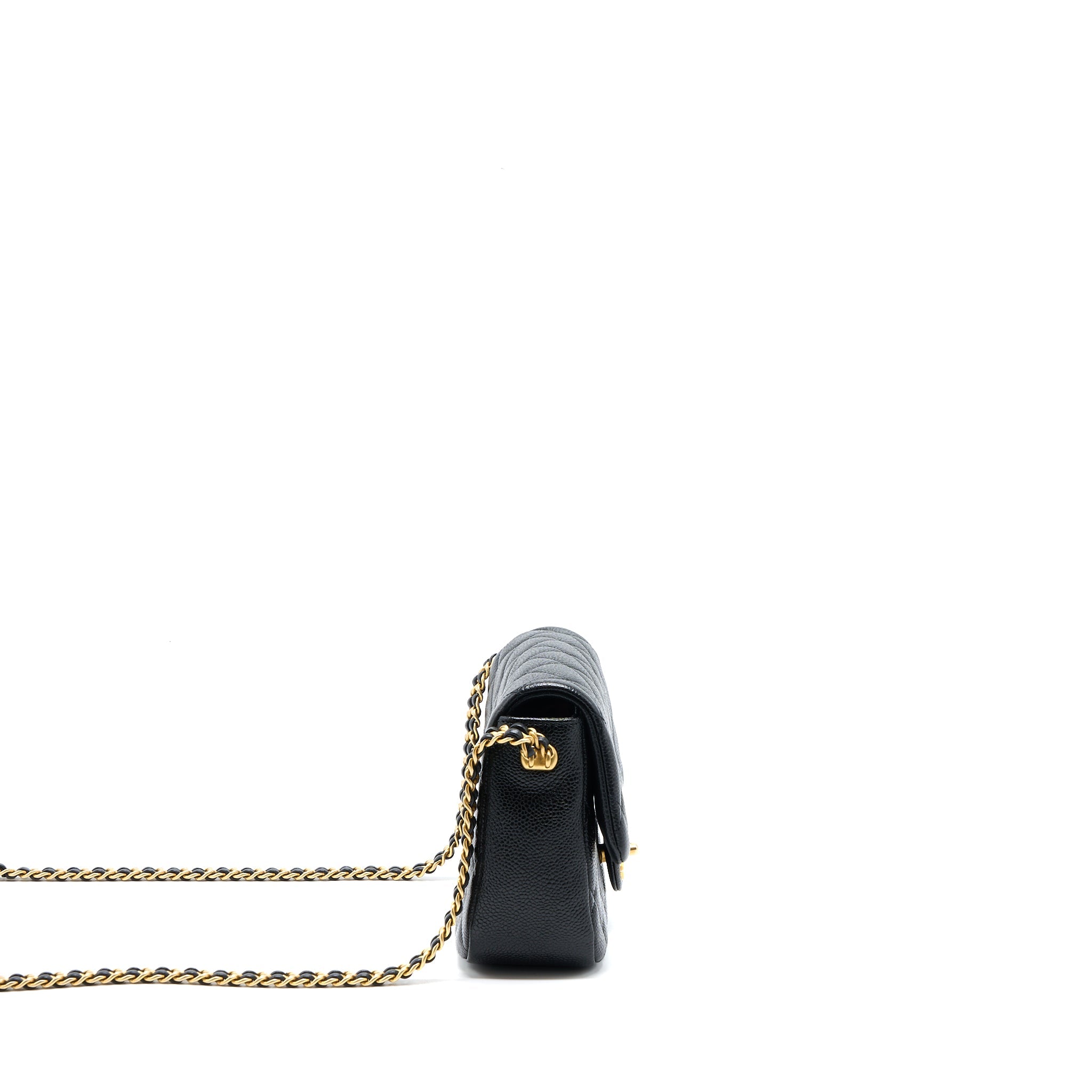 CHANEL QUILTED FLAP BAG WITH DOUBLE CHAIN CAVIAR BLACK BRUSHED GHW (MICROCHIP)