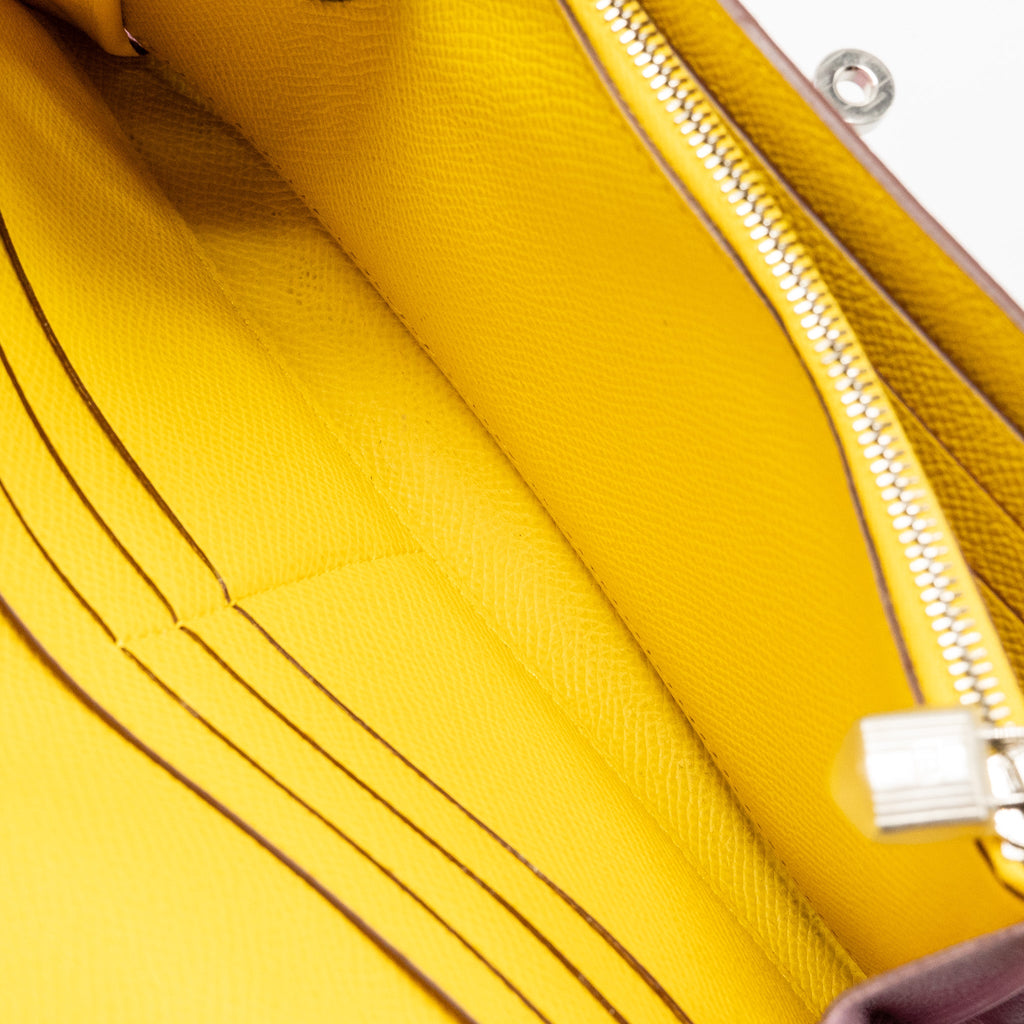 HERMES KELLY LONG WALLET EPSOM MAUVE SYLVESTRE / JAUNE CITRON SHW