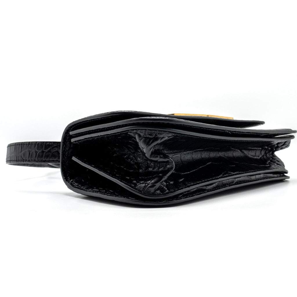 BALENCIAGA GOSSIP SHOULDER BAG CROC-EMBOSSED CALFSKIN BLACK GHW