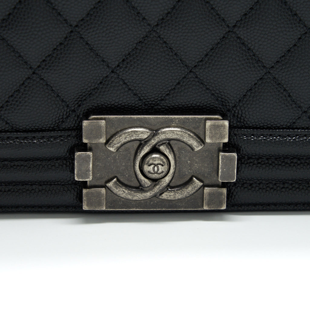 CHANEL MEDIUM BOY BAG CAVIAR BLACK WITH RUTHENIUM SLIVER HARDWARE
