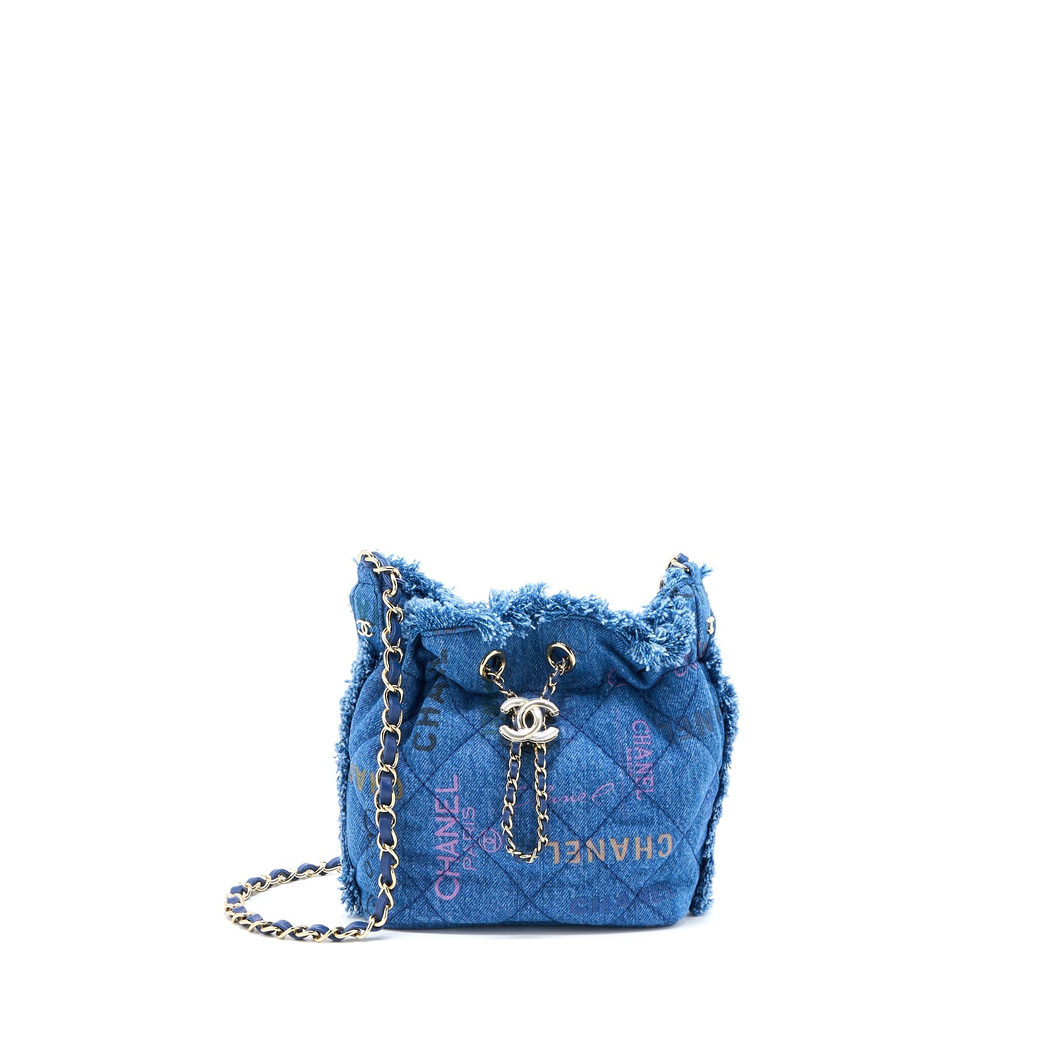 CHANEL 22P SMALL BLUE DENIM BUCKET BAG LGHW (MICROCHIP)