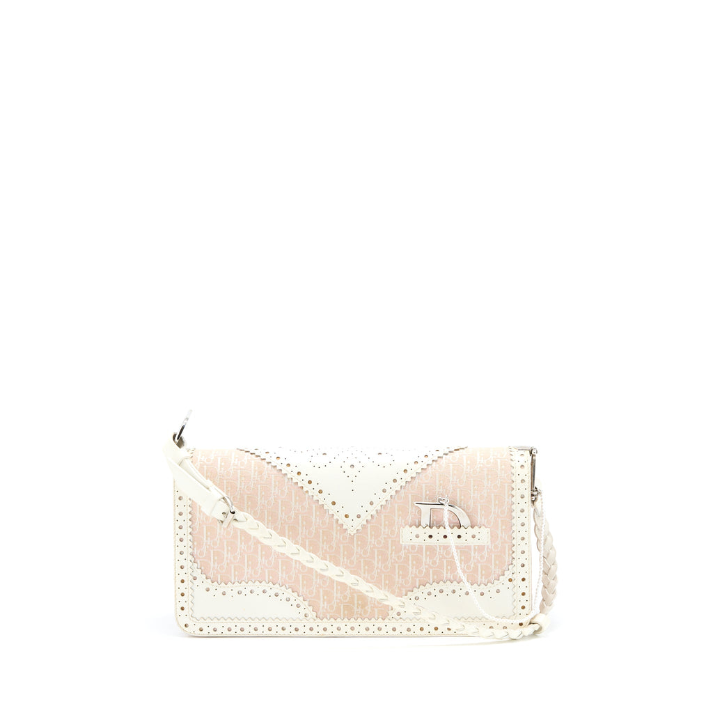 DIOR PINK LOGO MONOGRAM LACE HANDBAG PEARL D STRAP CHARM SHW