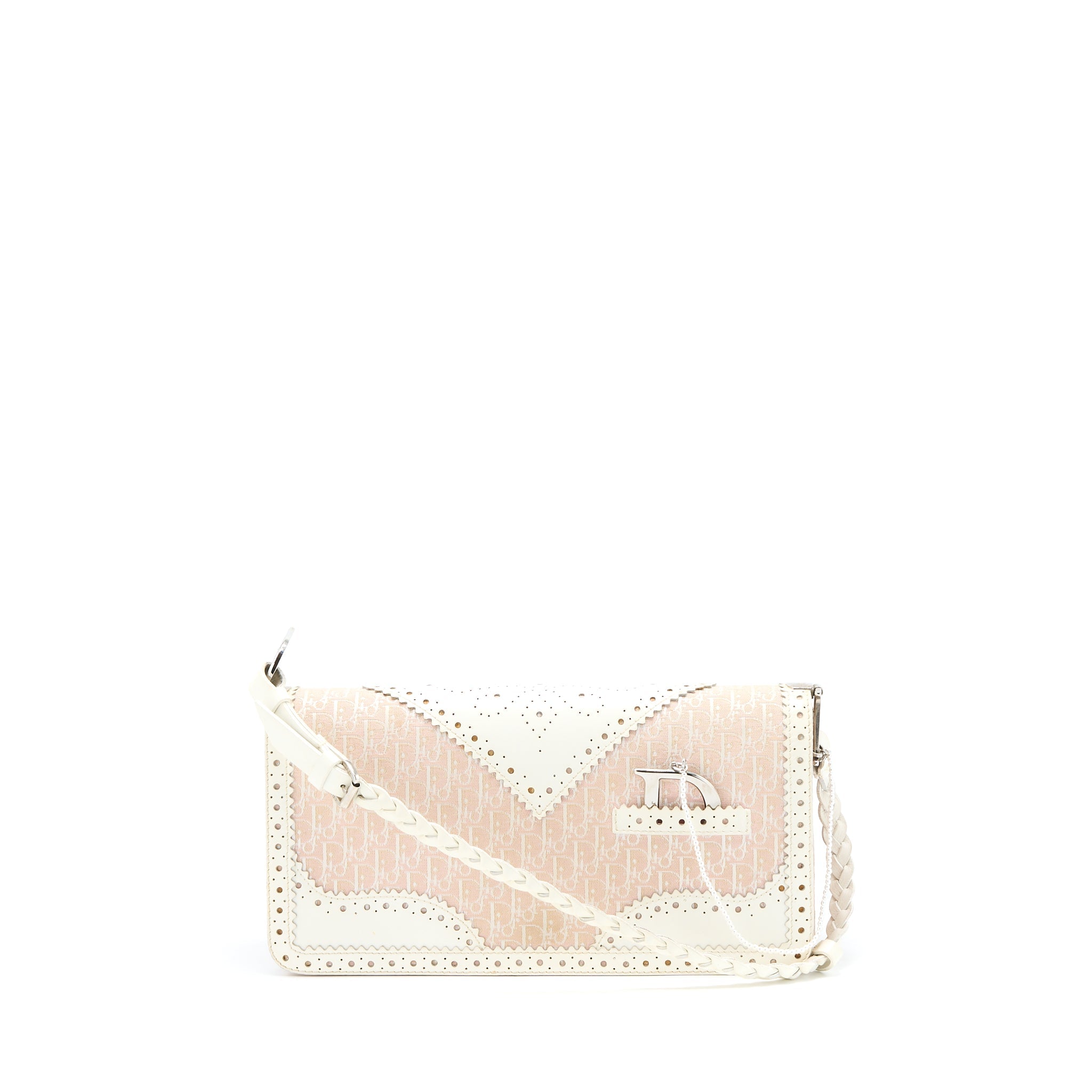 DIOR PINK LOGO MONOGRAM LACE HANDBAG PEARL D STRAP CHARM SHW