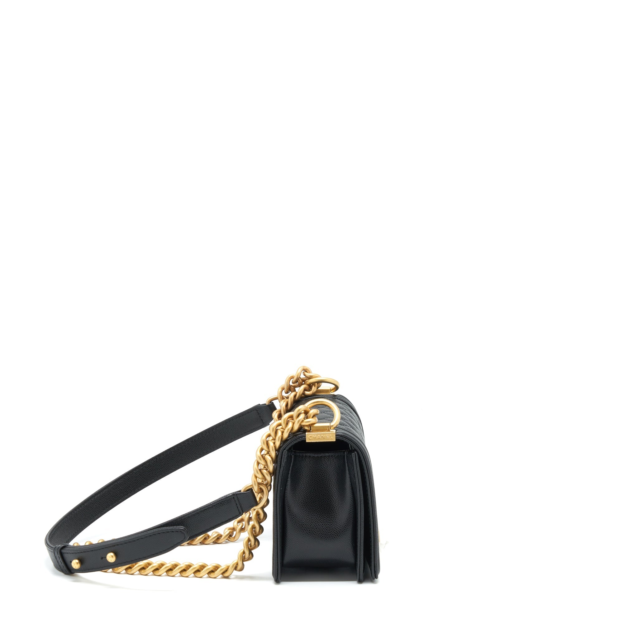 CHANEL SMALL BOY BAG CAVIAR BLACK BRUSHED GHW (MICROCHIP)