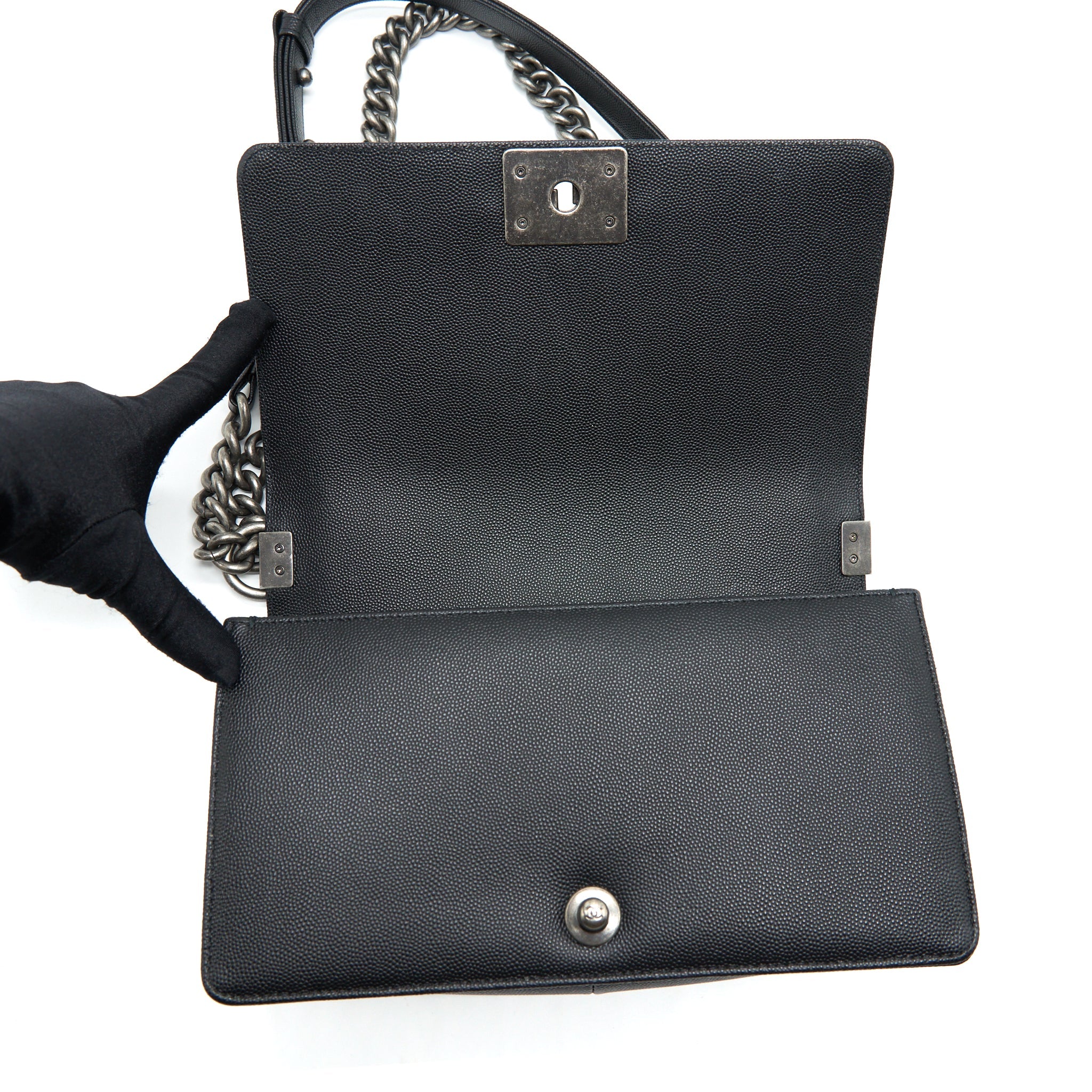 CHANEL MEDIUM BOY BAG CAVIAR BLACK WITH RUTHENIUM SLIVER HARDWARE