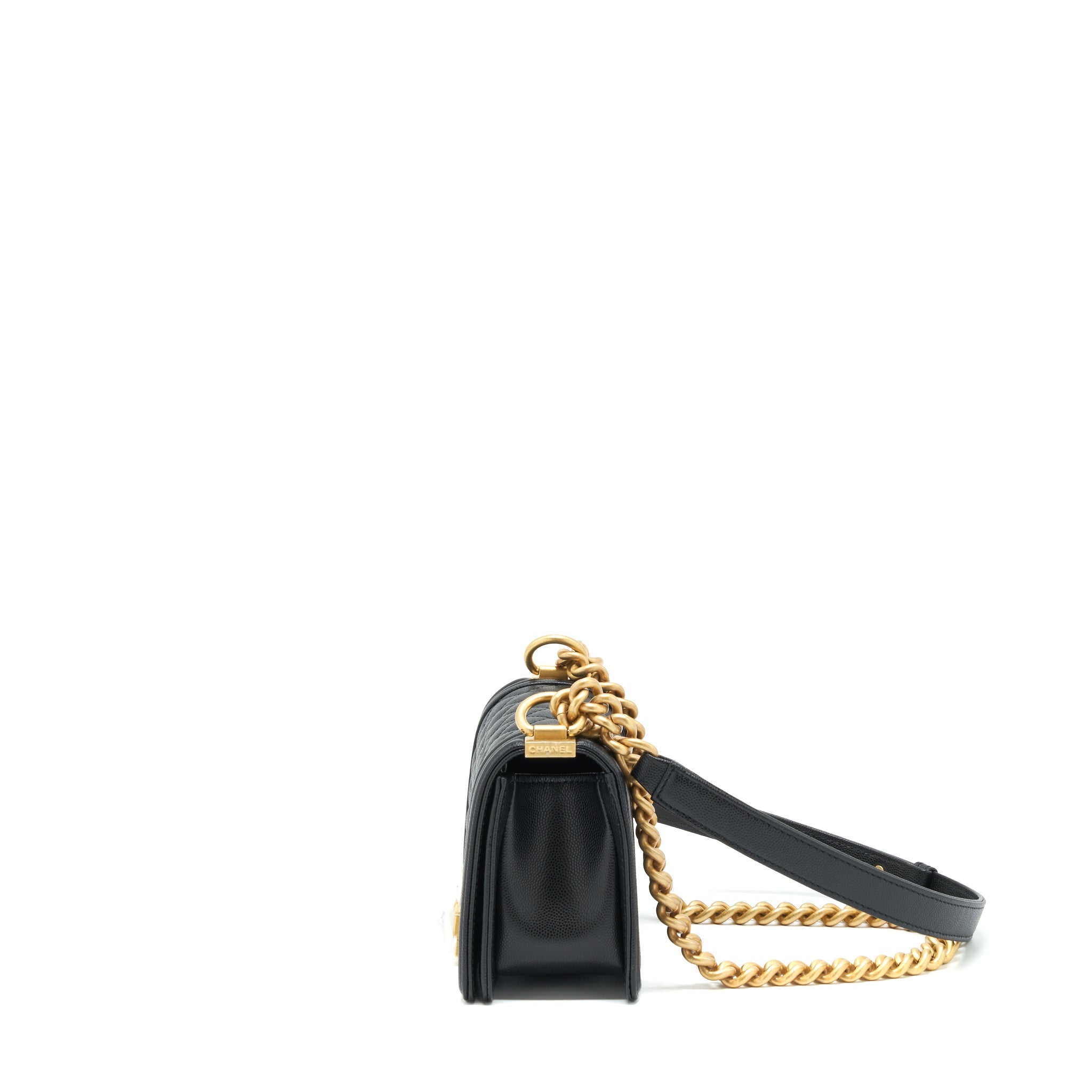 CHANEL SMALL BOY BAG CAVIAR BLACK BRUSHED GHW (MICROCHIP)
