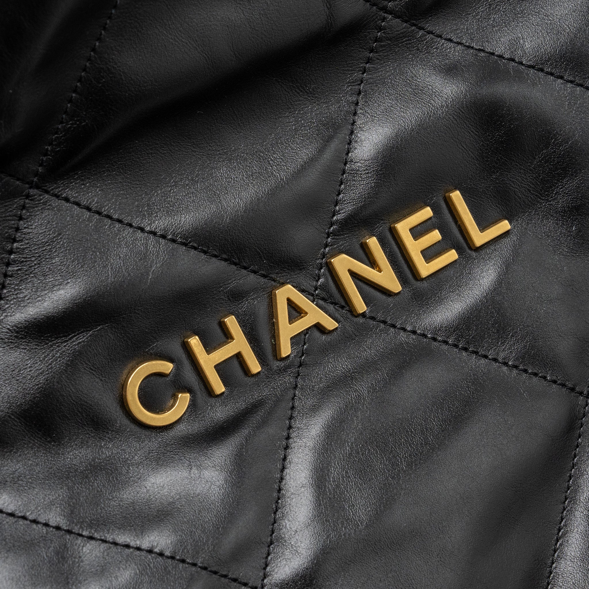 CHANEL SMALL 22 BAG GOLD LETTER SHINY CALFSKIN BLACK GHW (MICROCHIP)