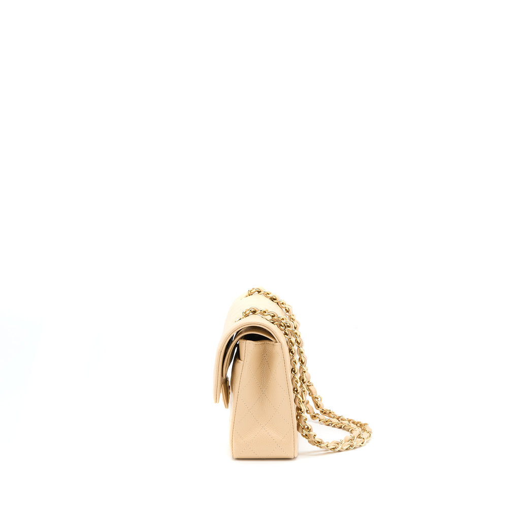 CHANEL SMALL CLASSIC DOUBLE FLAP BAG CAVIAR BEIGE GHW(MICROCHIP)