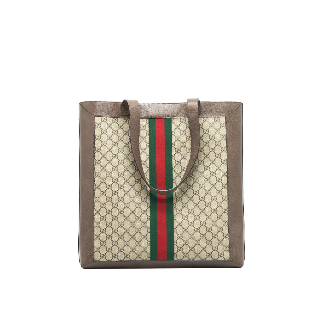 GUCCI OPHIDIA GG LEATHER TRIMMED PRINTED COATED CANVAS TOTE