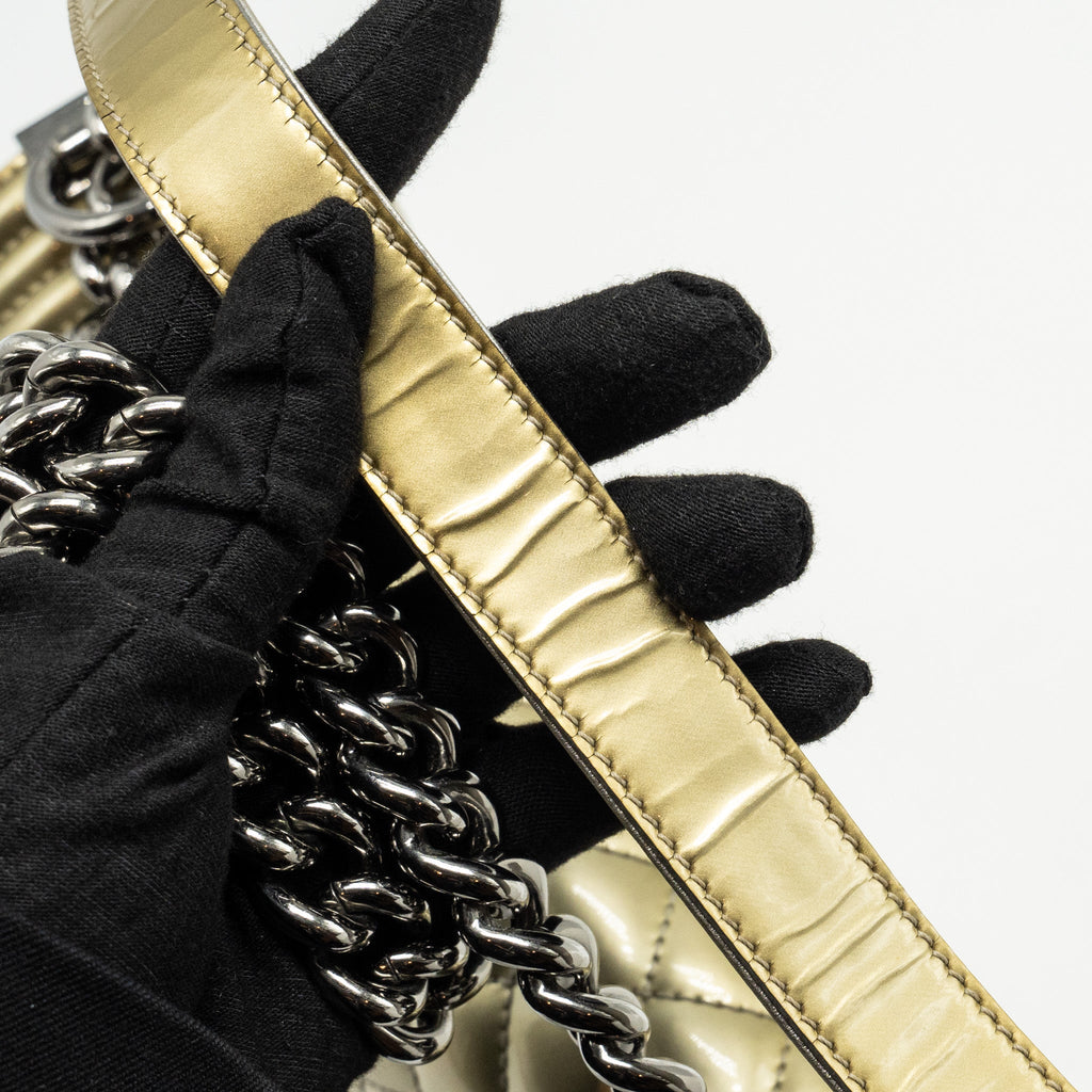 CHANEL MEDIUM BOY BAG PATENT LIGHT GOLD / SILVER SHW