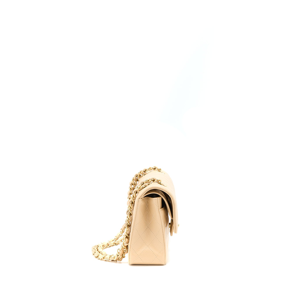 CHANEL SMALL CLASSIC DOUBLE FLAP BAG CAVIAR BEIGE GHW(MICROCHIP)
