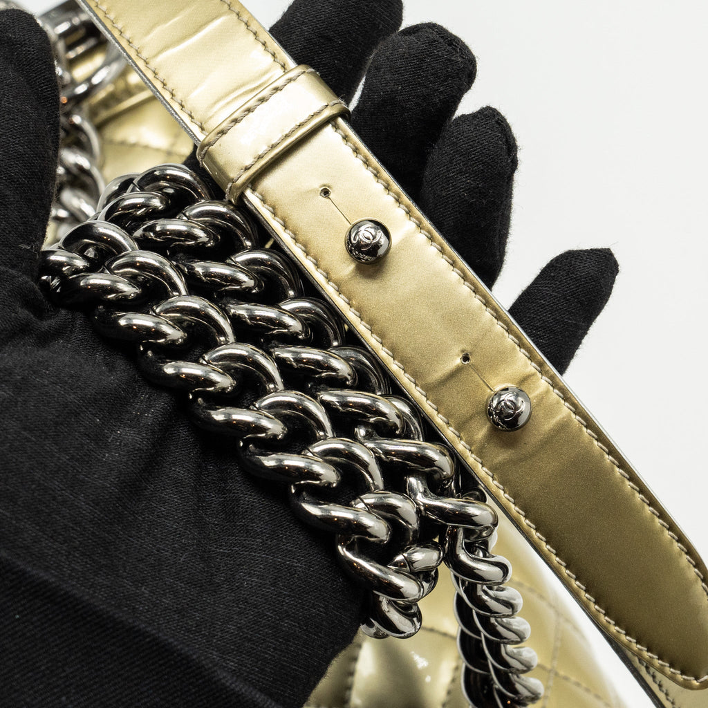 CHANEL MEDIUM BOY BAG PATENT LIGHT GOLD / SILVER SHW