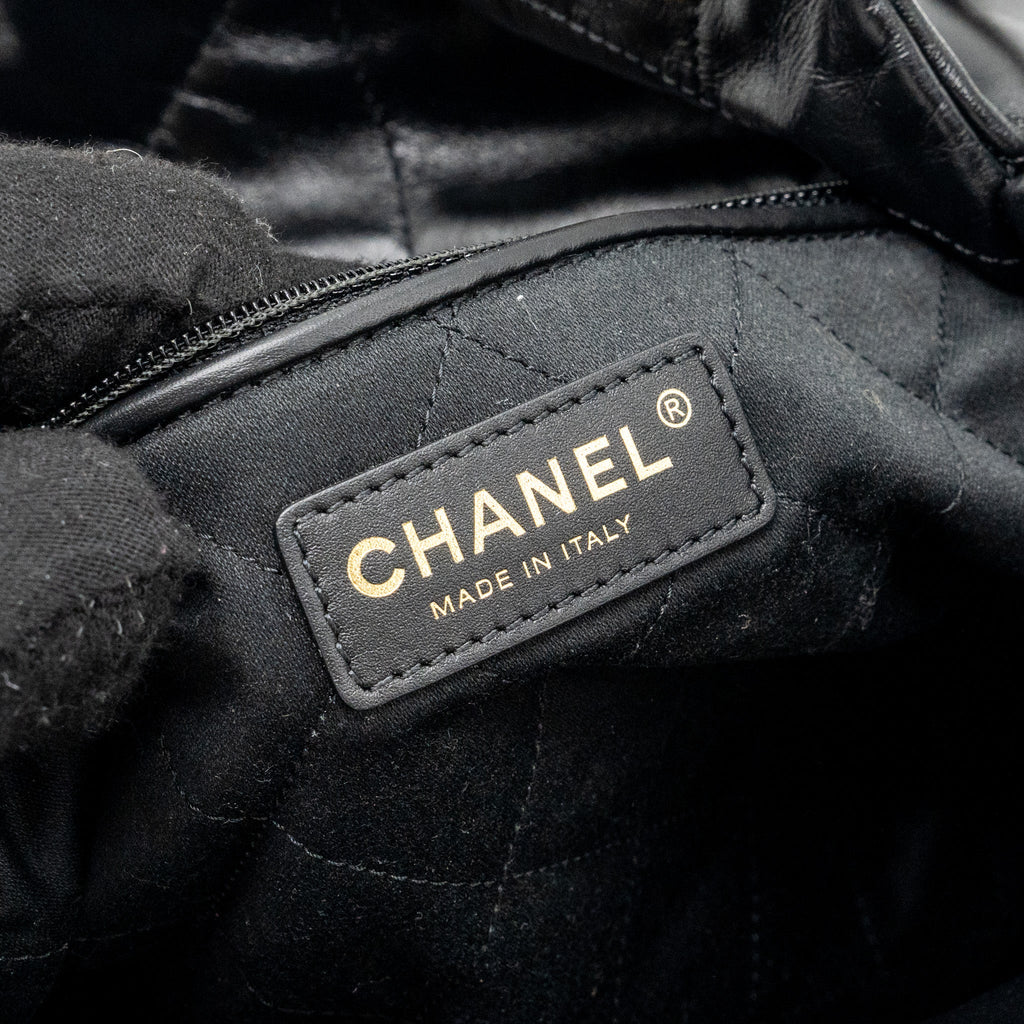 CHANEL SMALL 22 BAG GOLD LETTER SHINY CALFSKIN BLACK GHW (MICROCHIP)
