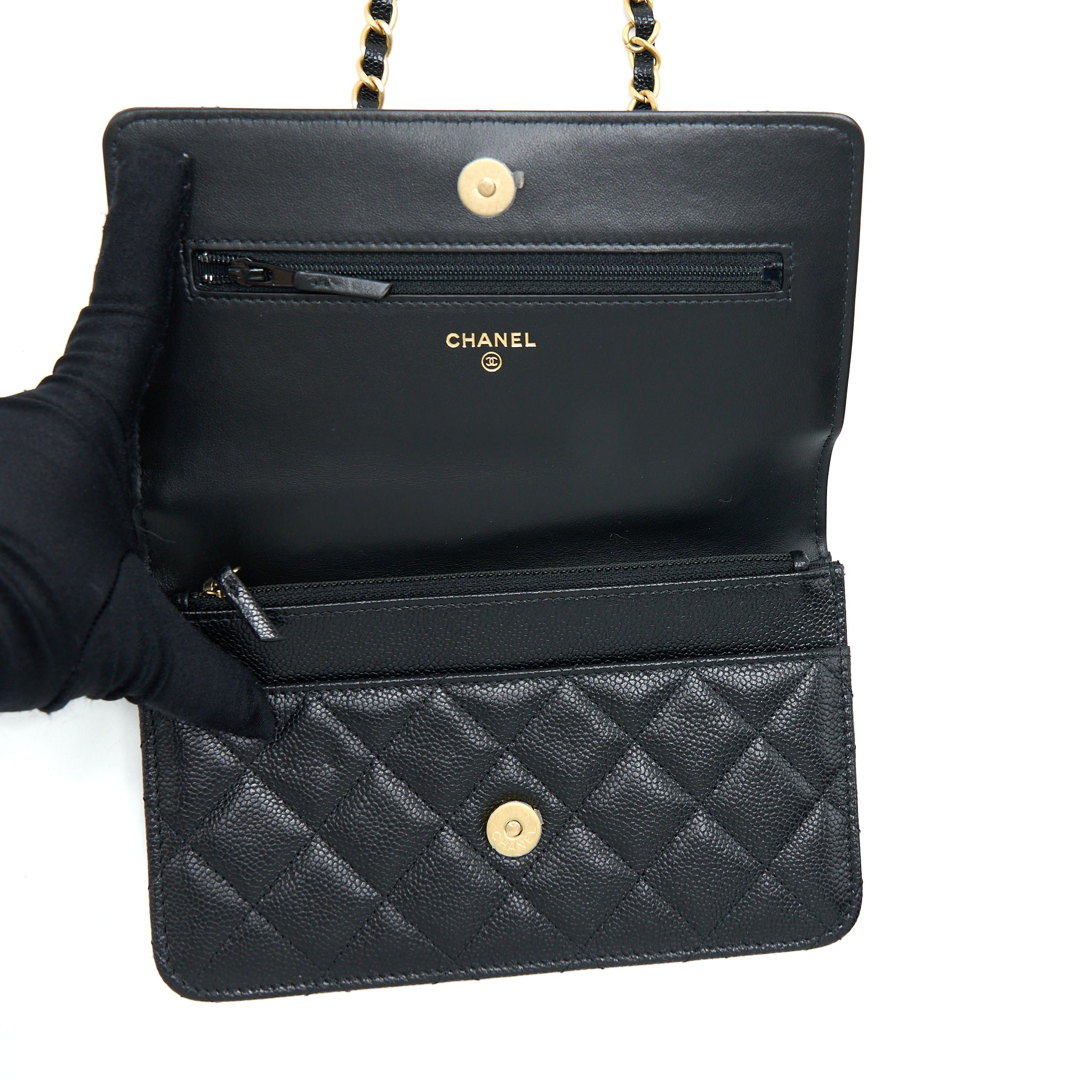 CHANEL LETTER TOP HANDLE WALLET ON CHAIN CAVIAR BLACK GHW (MICROCHIP)