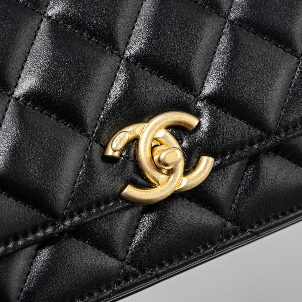 CHANEL 24C GOLD CRUSH WALLET ON CHAIN CALFSKIN BLACK GHW (MICROCHIP)