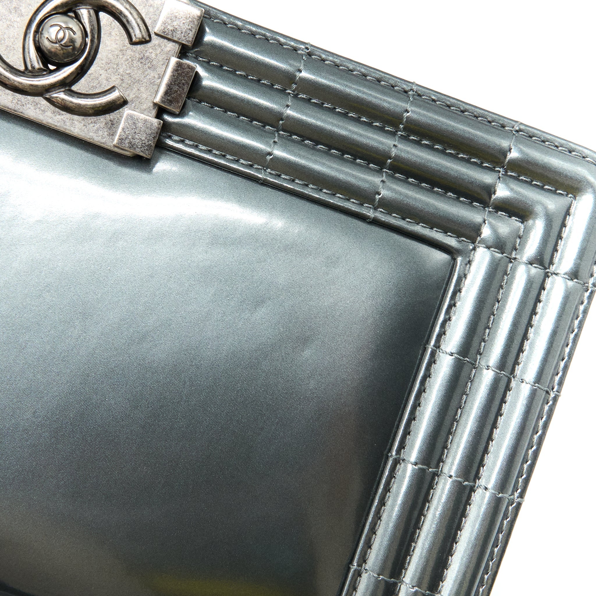 CHANEL MEDIUM BOY BAG PATENT GREY RUTHENIUM SHW