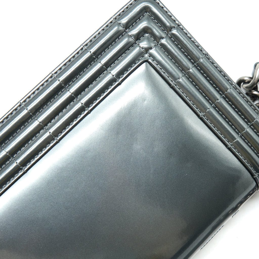 CHANEL MEDIUM BOY BAG PATENT GREY RUTHENIUM SHW