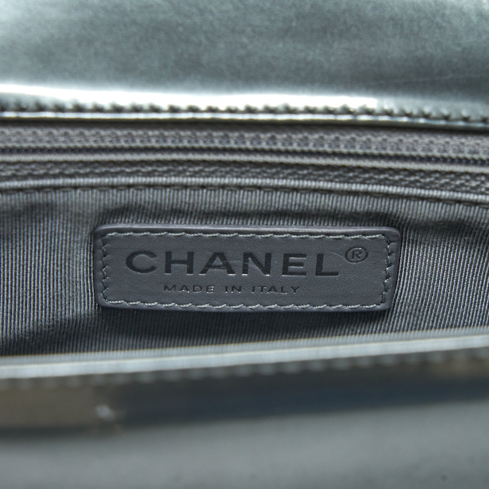 CHANEL MEDIUM BOY BAG PATENT GREY RUTHENIUM SHW