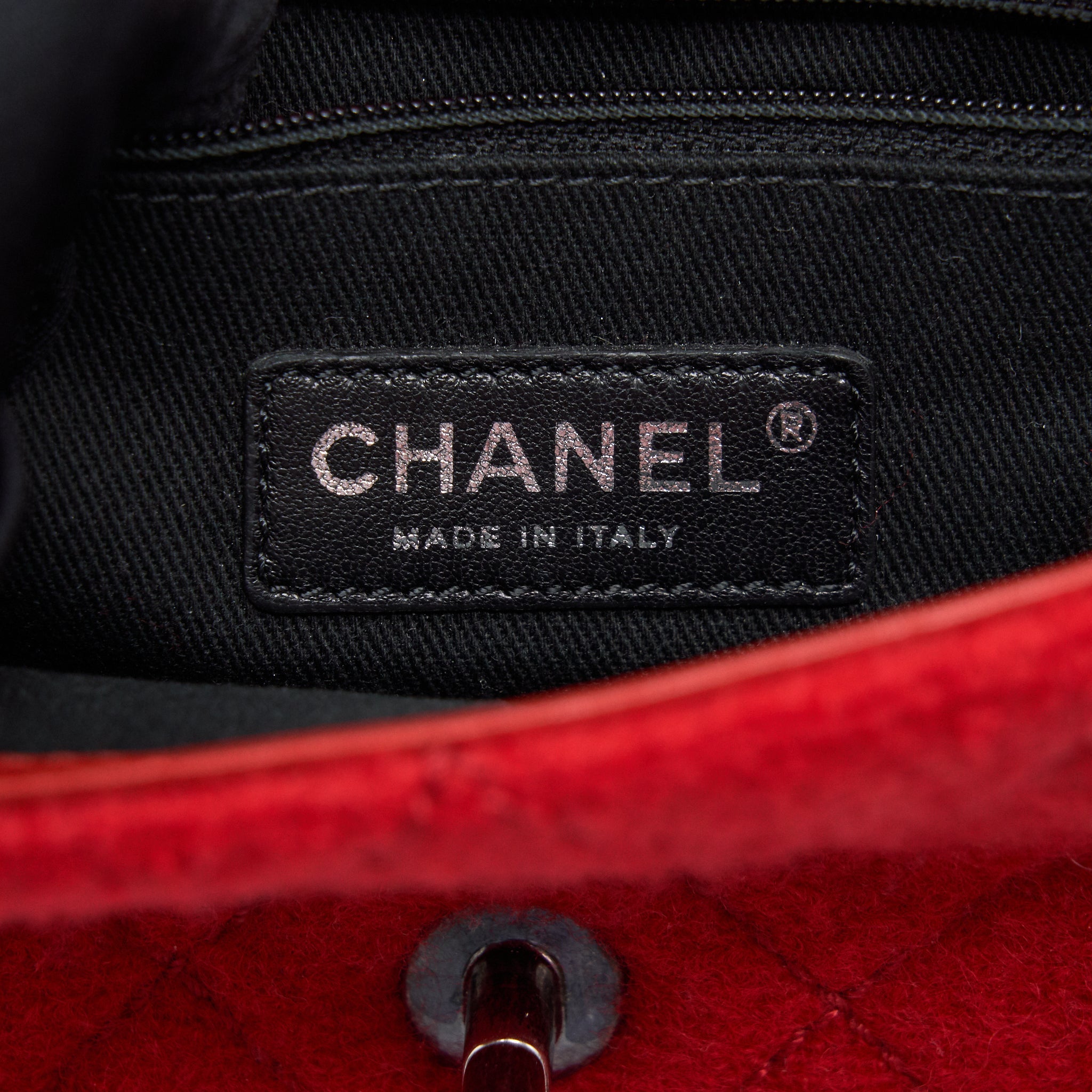 CHANEL FLAP BAG WOOL/FABRIC RED RUTHENIUM HARDWARE