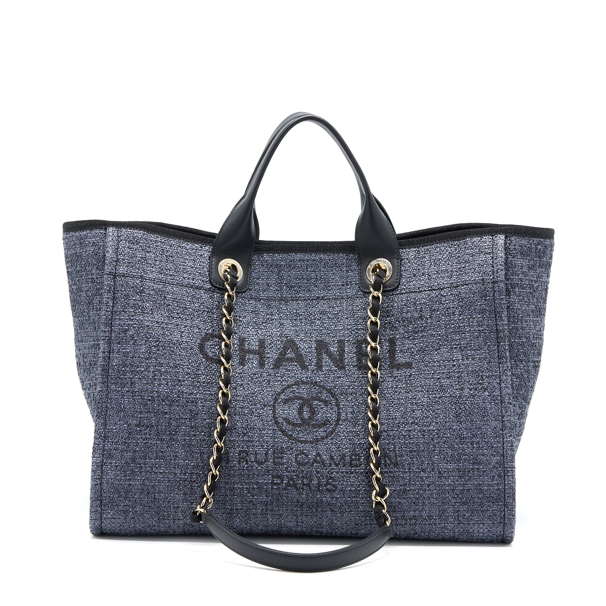 CHANEL DEAUVILLE TOTE BAG TWEED DARK GREY / BLACK LGHW (MICROCHIP)