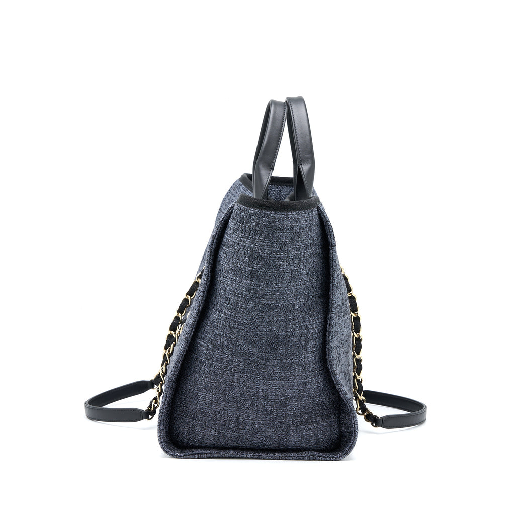 CHANEL DEAUVILLE TOTE BAG TWEED DARK GREY / BLACK LGHW (MICROCHIP)