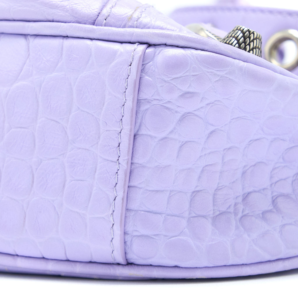 BALENCIAGA LE CAGOLE XS SHOULDER BAG CROC EMBOSSED CALFSKIN LIGHT PURPLE SHW