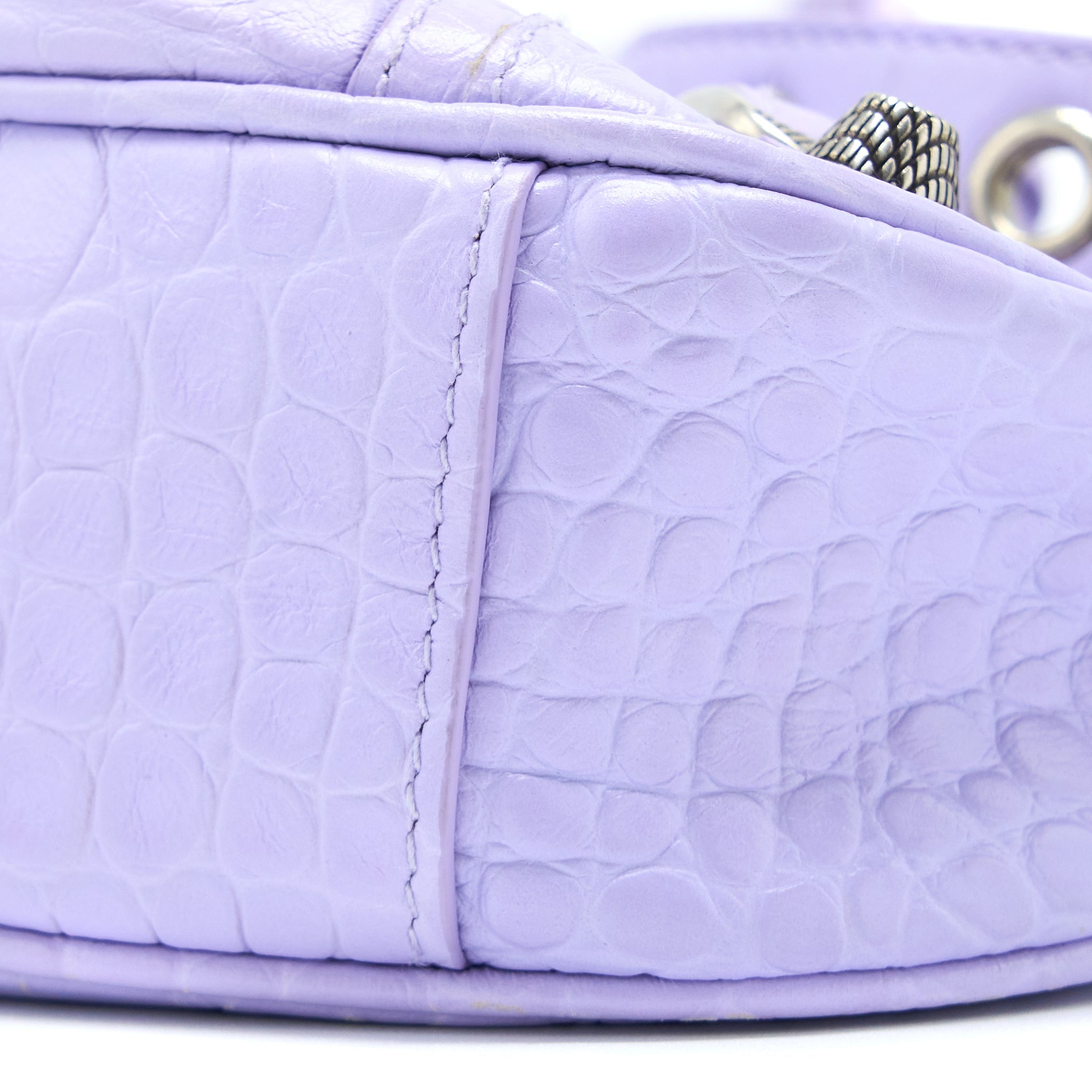 BALENCIAGA LE CAGOLE XS SHOULDER BAG CROC EMBOSSED CALFSKIN LIGHT PURPLE SHW