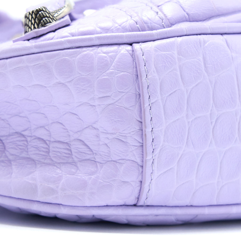 BALENCIAGA LE CAGOLE XS SHOULDER BAG CROC EMBOSSED CALFSKIN LIGHT PURPLE SHW