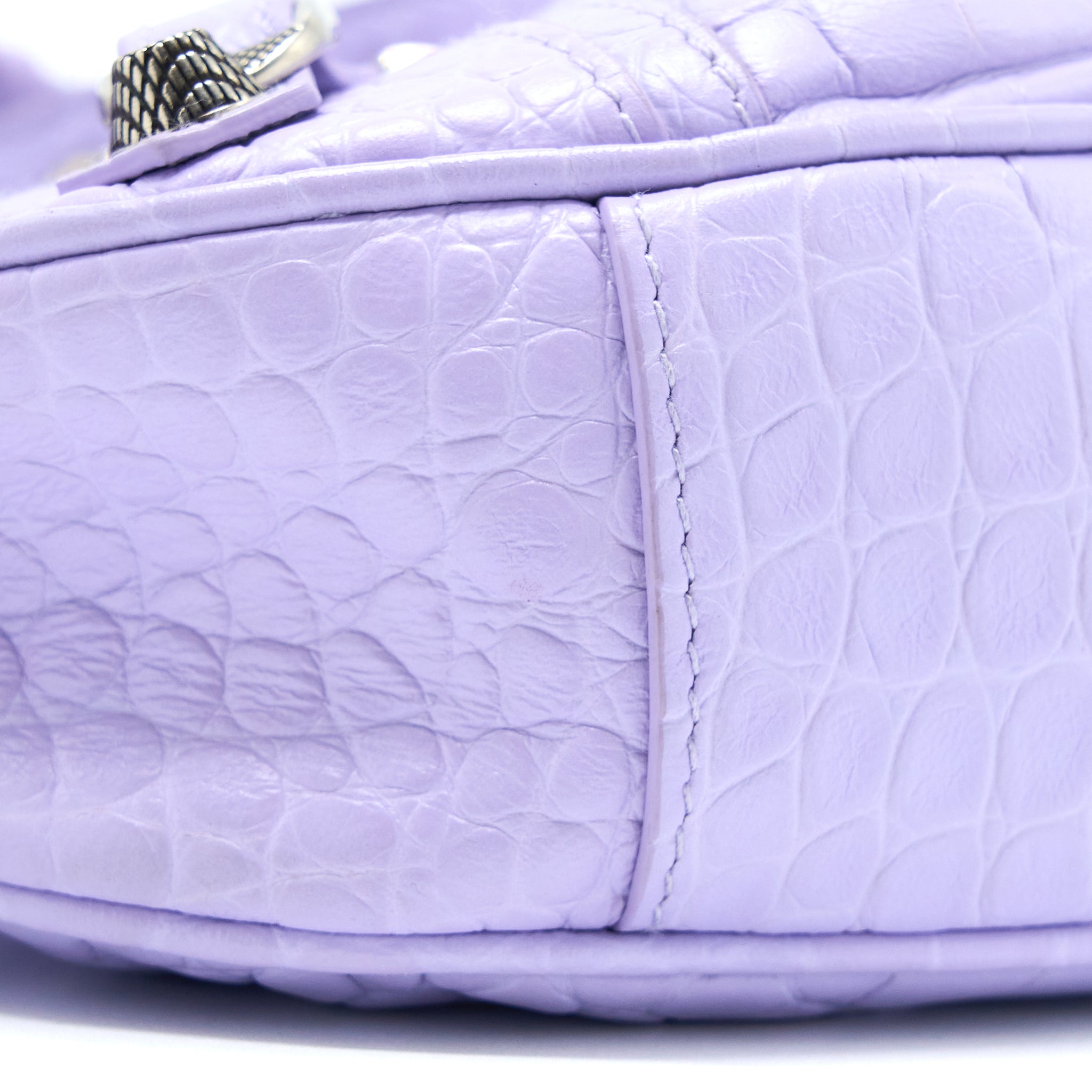 BALENCIAGA LE CAGOLE XS SHOULDER BAG CROC EMBOSSED CALFSKIN LIGHT PURPLE SHW