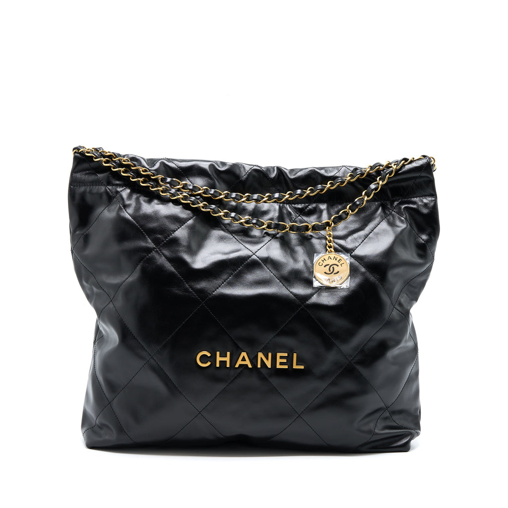 CHANEL MEDIUM 22 BAG SHINY CALFSKIN BLACK GHW (MICROCHIP)