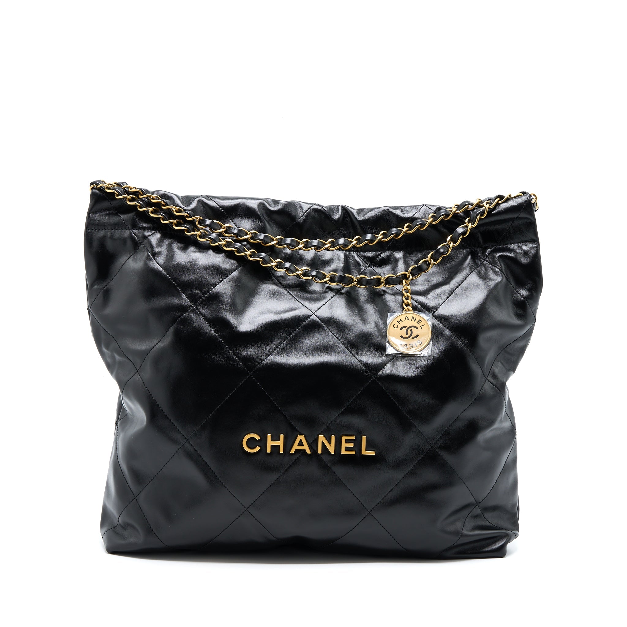 CHANEL MEDIUM 22 BAG SHINY CALFSKIN BLACK GHW (MICROCHIP)