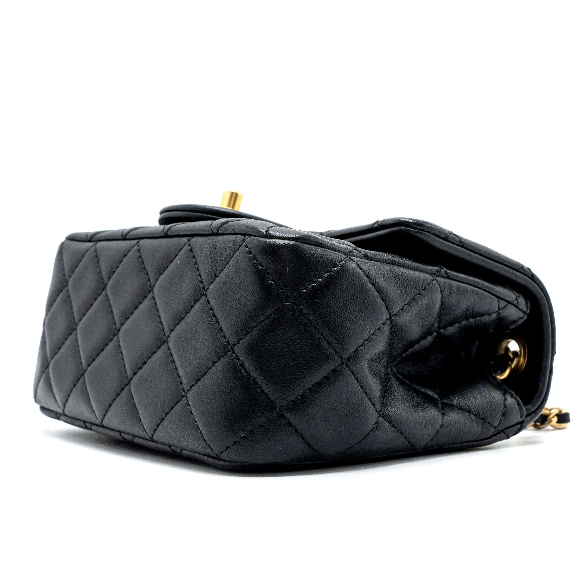 CHANEL PEARL CRUSH MINI SQUARE FLAP BAG LAMBSKIN BLACK GHW(MICROCHIP)