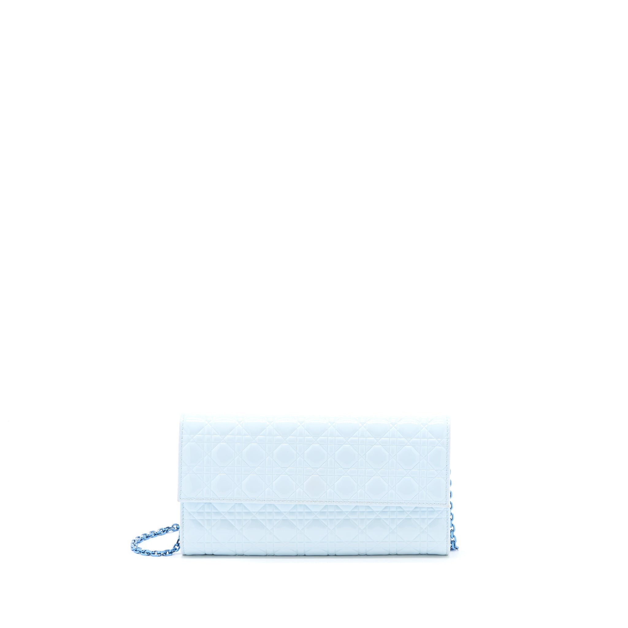 DIOR FLAP WALLET WITH CHAIN PATENT LIGHT BLUE WITH BLUE HARDWARE