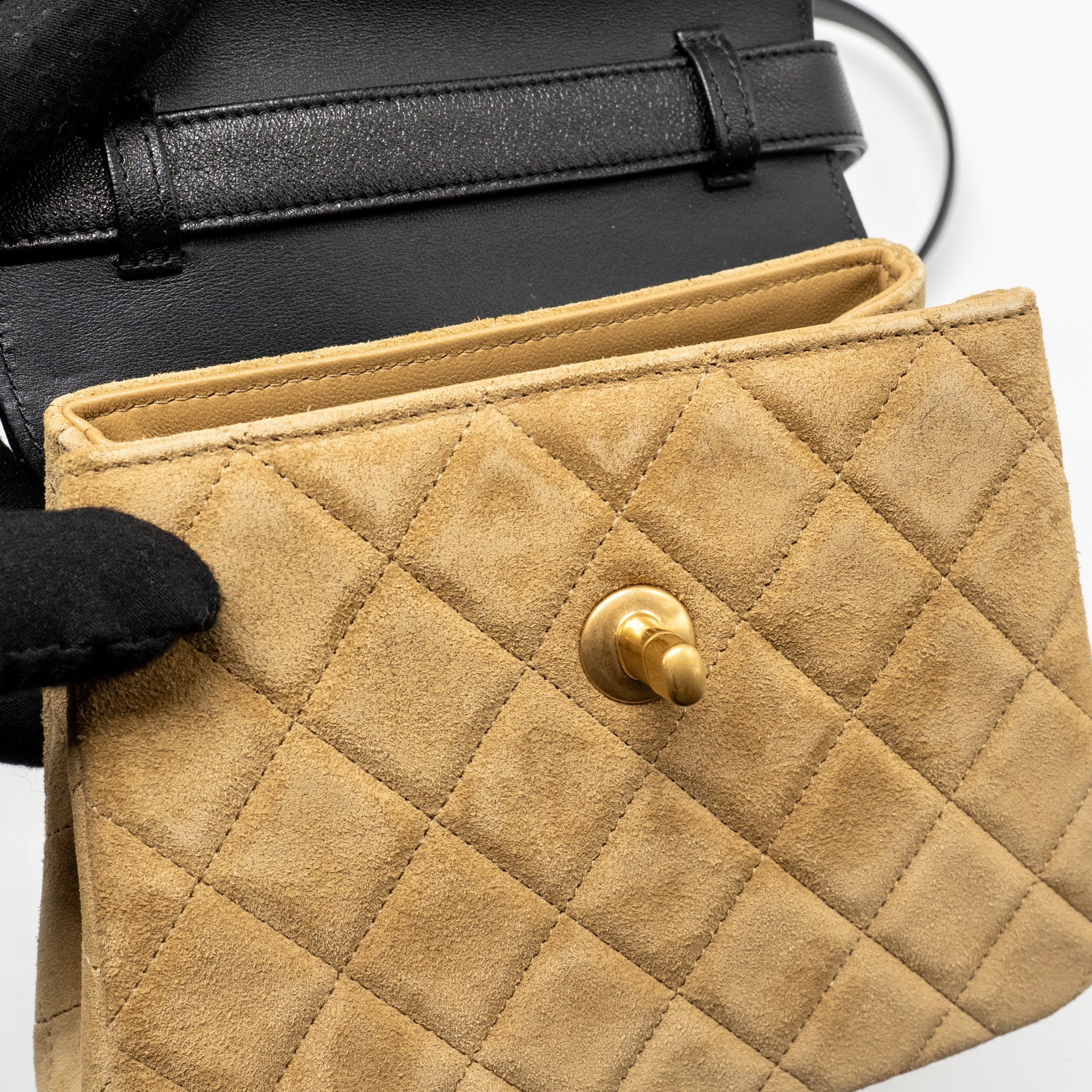 CHANEL 25A SUEDE PATCHWORK MINI CROSSBODY BAG LAMBSKIN BROWN/BLACK GHW (MICROCHIP)