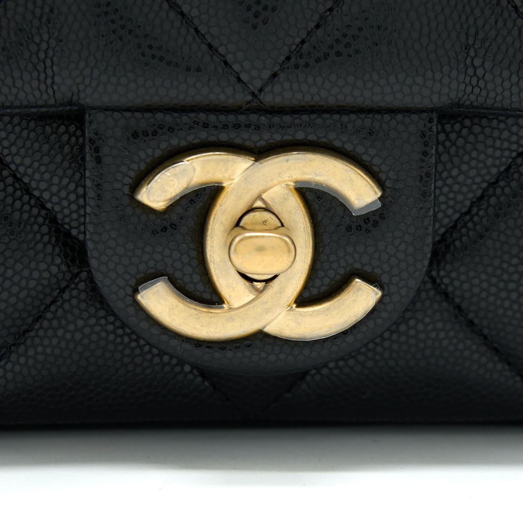CHANEL 22A MINI SQUARE FLAP BAG CAVIAR BLACK BRUSHED GHW (MICROCHIP)
