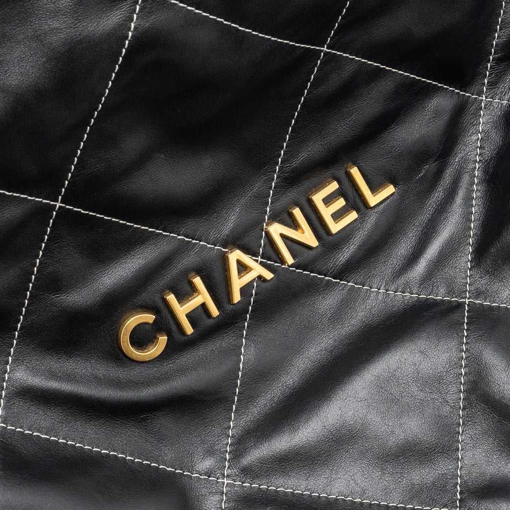 CHANEL MEDIUM 22 BAG SHINY CALFSKIN BLACK WITH WHITE STITCHING GOLD LETTER GHW (MICROCHIP)